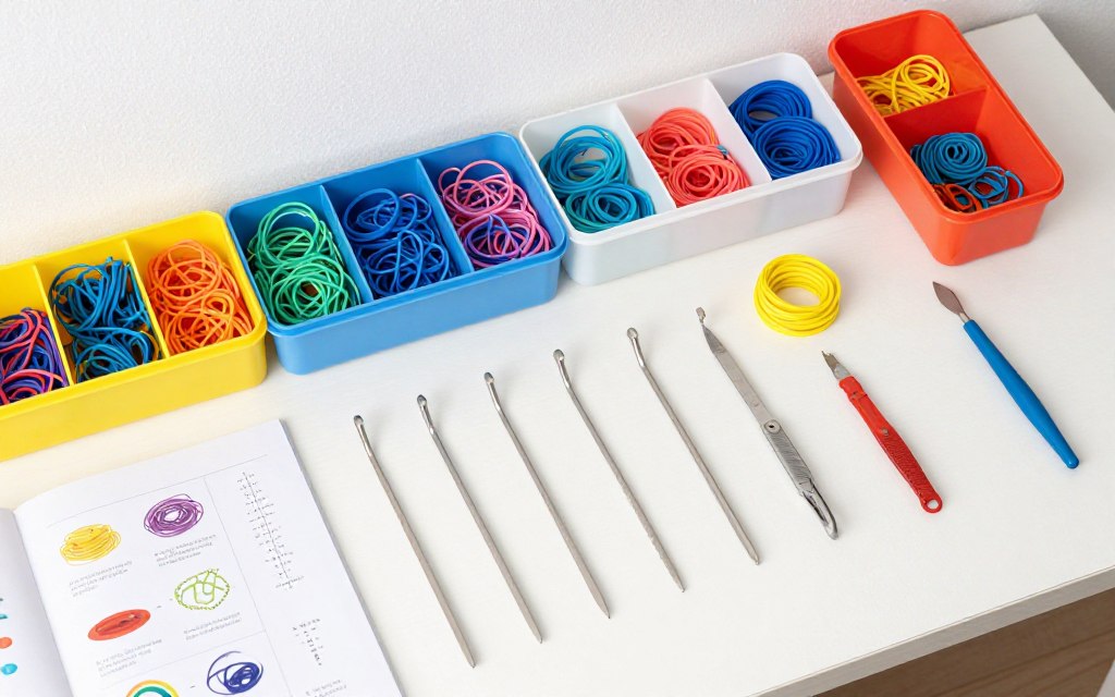 Zorganizowane miejsce pracy do tworzenia z gumek z pojemnikami, narzędziami i materiałami