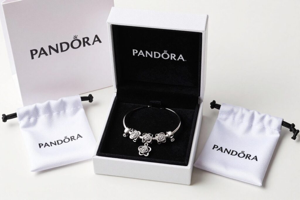 biżuteria platerowana różowym złotem pandora rose w eleganckim pudełku