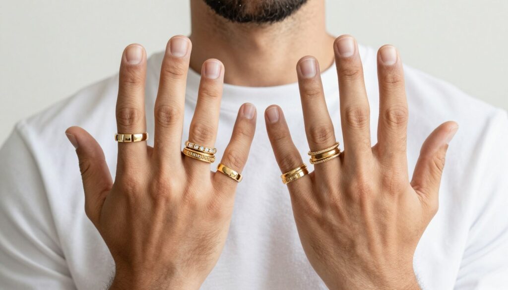 kombinacja pierścionków męskich na różnych palcach