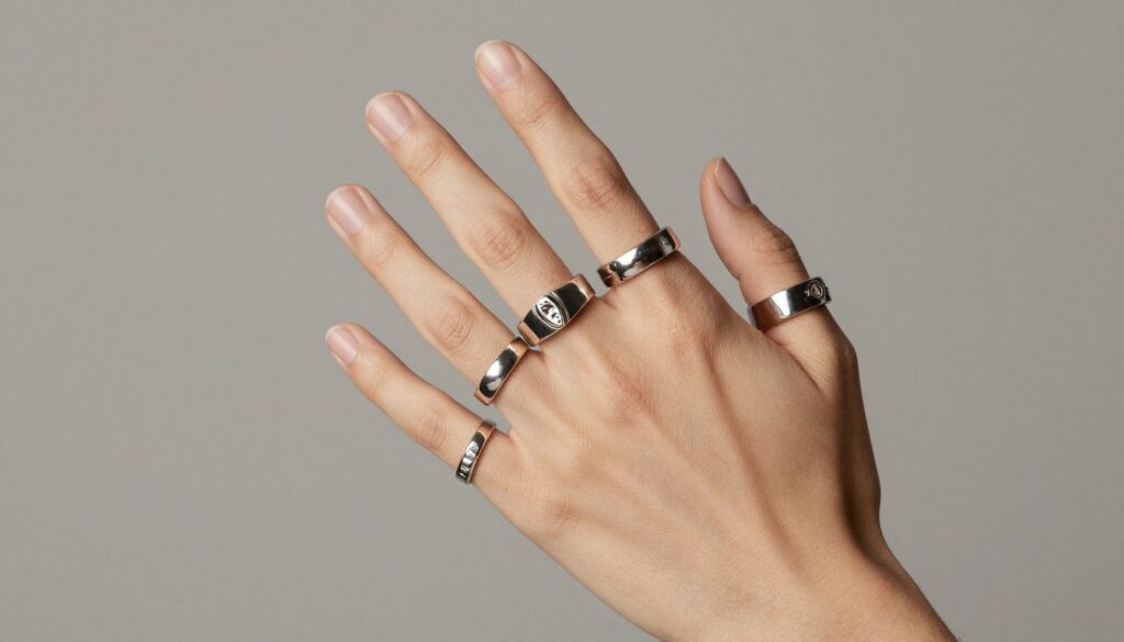 kompozycja pierścionków na jednej dłoni
