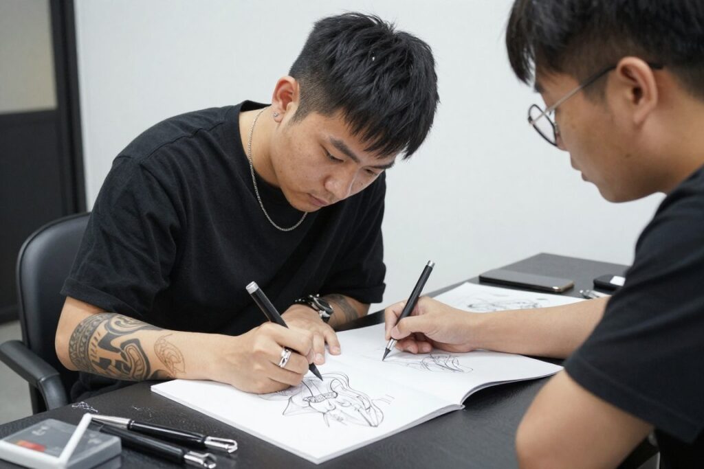 konsultacja z tatuatorem projektowanie wzoru obrączki