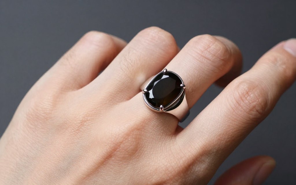 męski pierścionek z ciemnym kamieniem