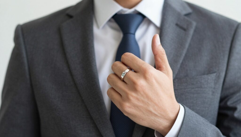 mężczyzna z pierścionkiem na palcu wskazującym