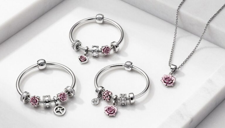 pandora kolekcje essence i rose biżuteria na eleganckim tle