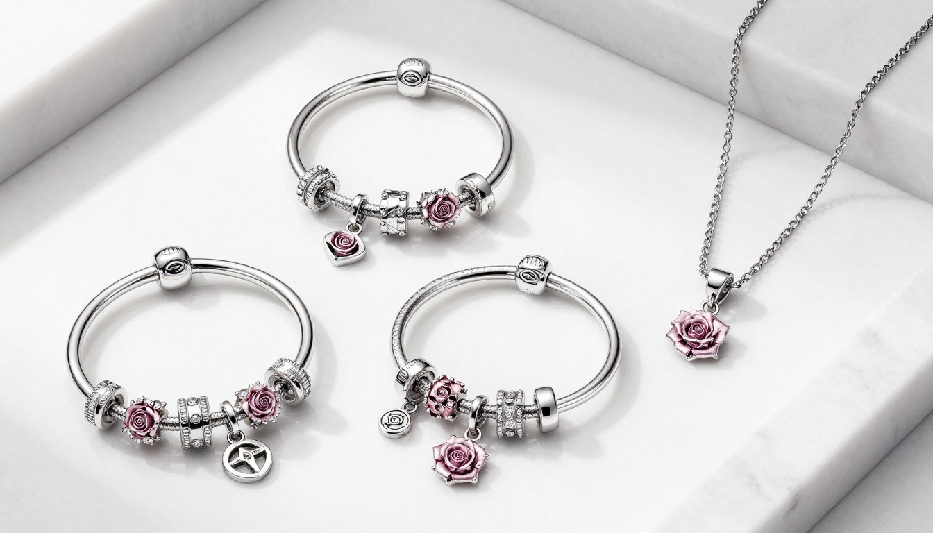 pandora kolekcje essence i rose biżuteria na eleganckim tle