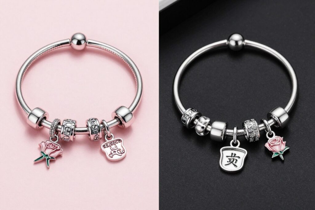 porównanie kolekcji pandora essence i rose obok siebie