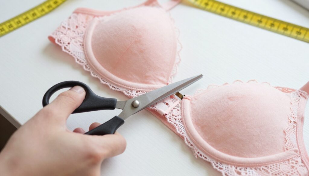 proces cięcia ramiączka od stanika na odpowiednią długość