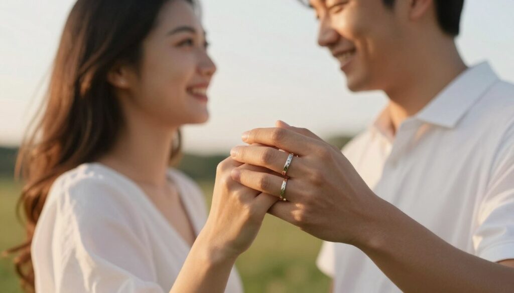 szczęśliwa para z tatuażami obrączkami trzymająca się za ręce