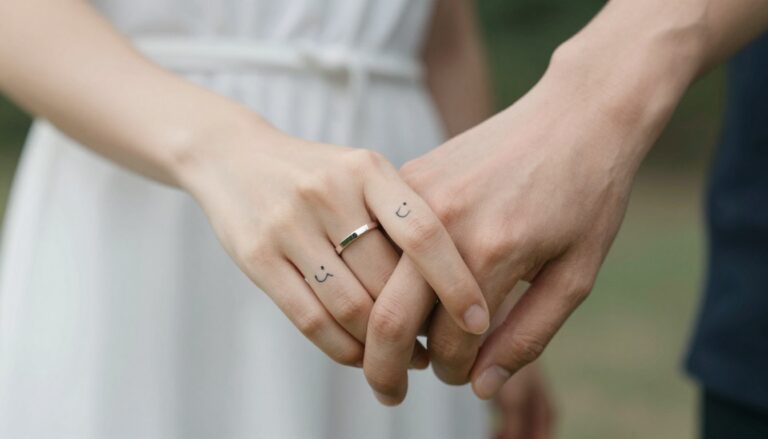 tatuaż zamiast obrączki na palcach pary trzymającej się za ręce