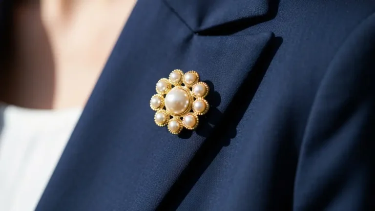 Elegancka broszka w stylu retro na granatowej marynarce kobiety