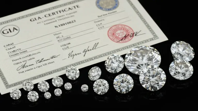 Certyfikat GIA diamentu z numerem seryjnym, skalą 4C i diamentami o różnych karatach