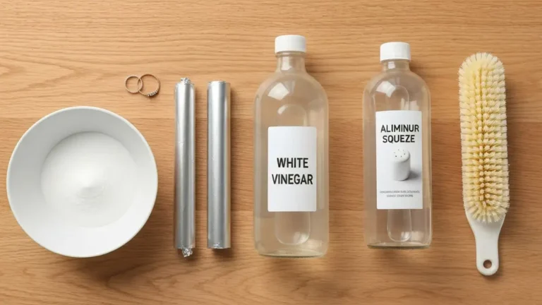 Domowe metody czyszczenia złota próby 585 - soda, ocet, folia aluminiowa, na drewnianym blacie