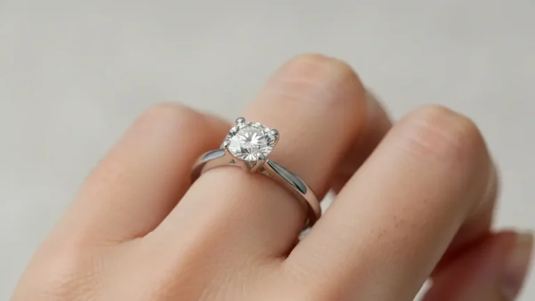 Diament 0.5 karata na palcu - zbliżenie na pierścionek zaręczynowy z białego złota