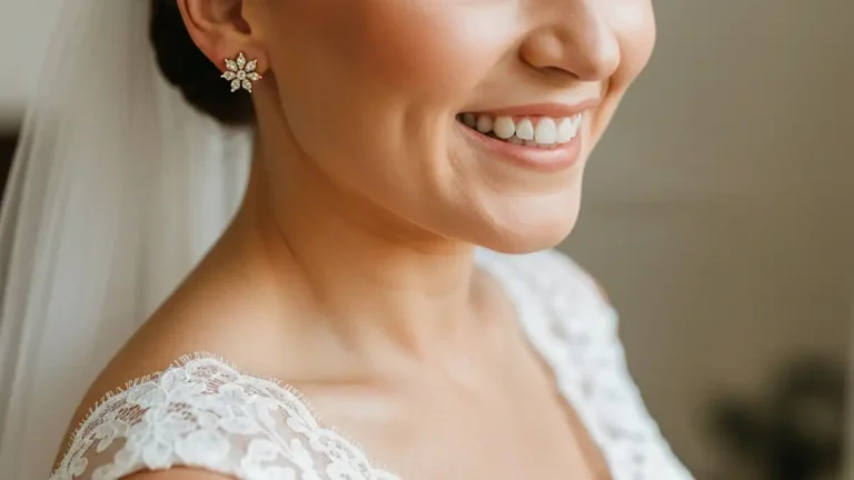 Panna młoda z eleganckimi złotymi kolczykami sztyfty z brylantami