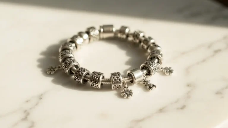 Historia marki Pandora - bransoletka z charmsami na eleganckim tle