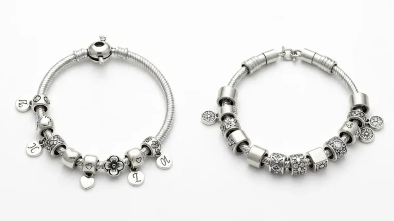 Porównanie charmsów Pandora i Thomas Sabo obok siebie na białym tle