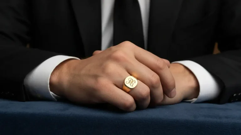 Mężczyzna noszący elegancki sygnet złoty z inicjałami, symbol prestiżu i tradycji