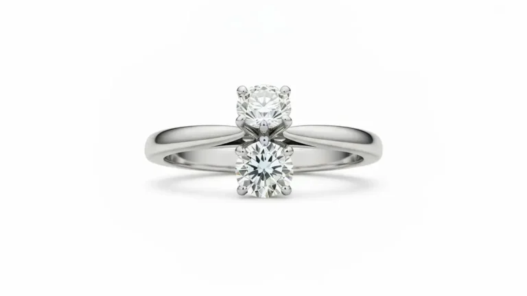 Ikoniczny pierścionek zaręczynowy Tiffany Setting z białego złota z diamentem na jasnym tle