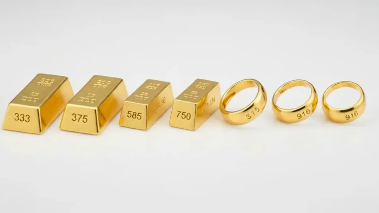 Próbki żółtego złota w różnych próbach - 333, 375, 585, 750, 916 obok siebie