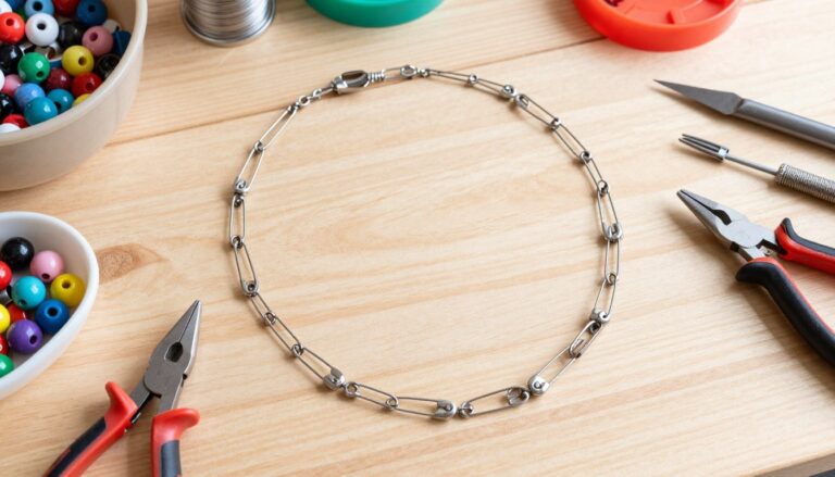 naszyjnik z zawleczek DIY na stole roboczym z narzędziami do tworzenia biżuterii