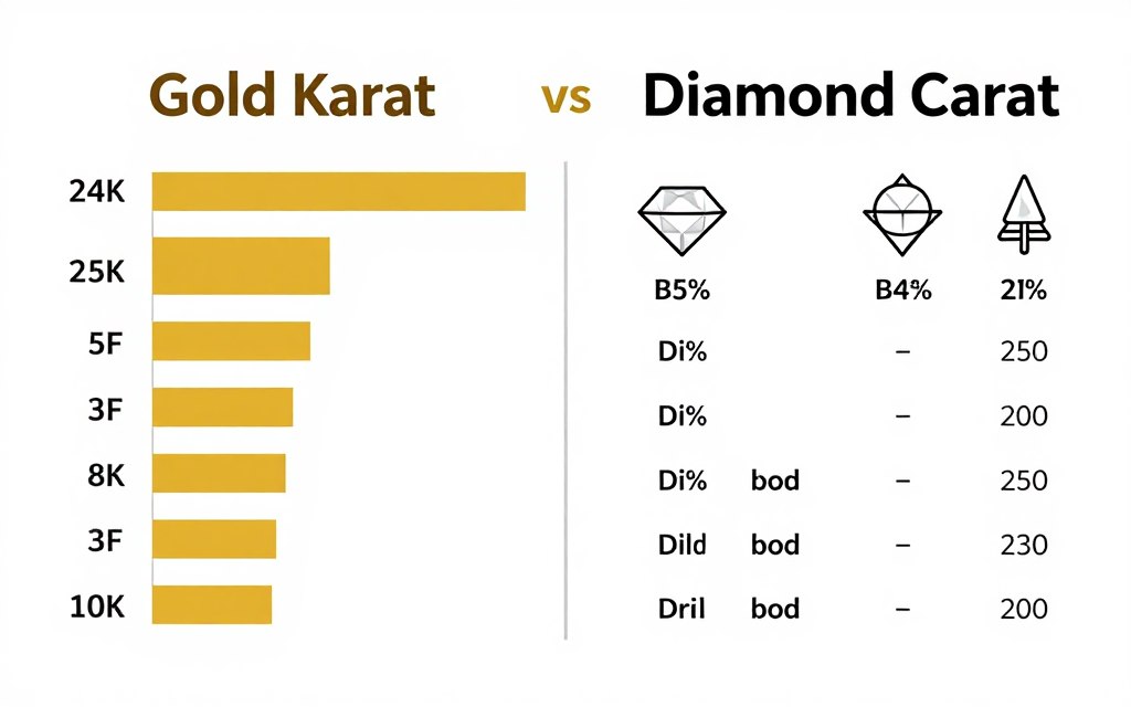 Infografika pokazująca różnicę między karatem w złocie a karatem w diamentach