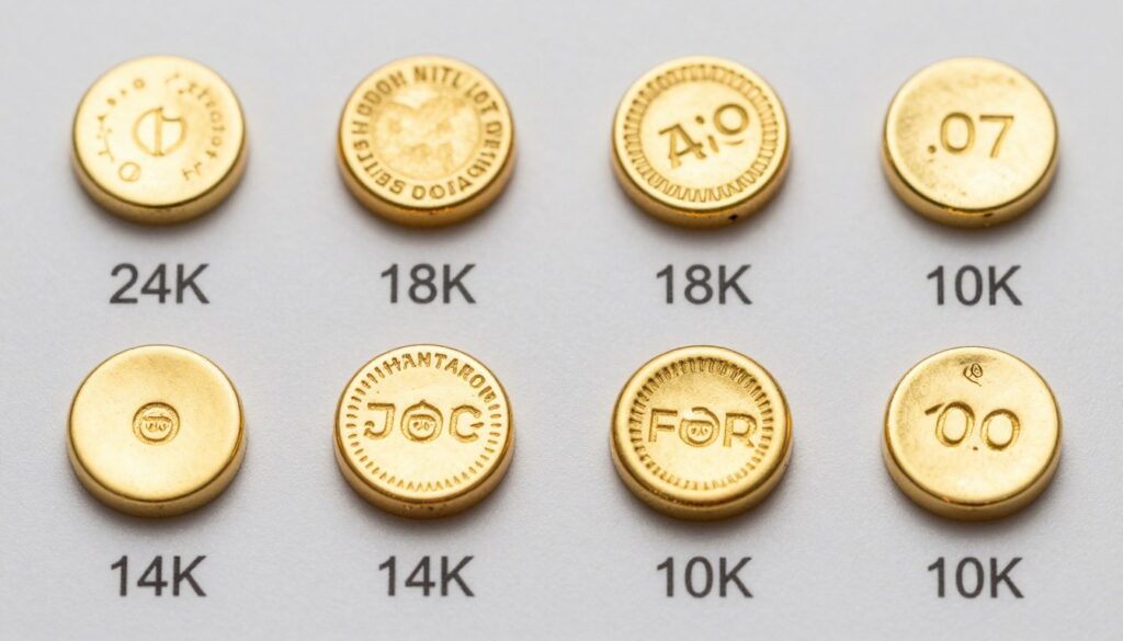 Różne próby złota 24K 18K 14K z widoczną próbą i kolorem