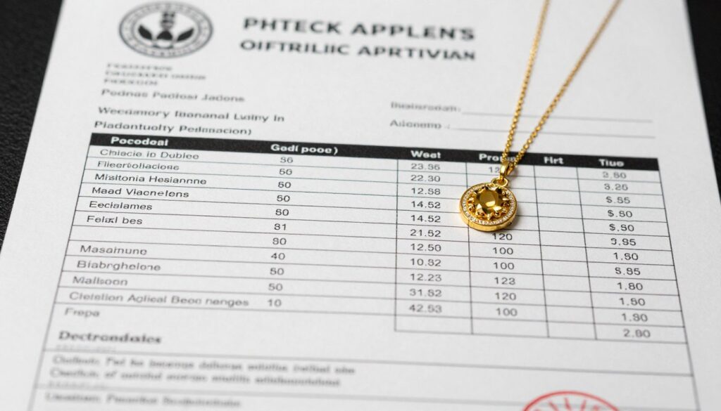 Szczegółowa wycena biżuterii pokazująca podział na złoto i kamienie
