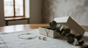 Srebrna bransoletka, naszyjnik z zawieszka i perlowe kolczyki ulozone na lnianej tkaninie obok pudelka na prezent